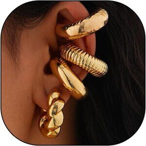 Gold Silver Non-Piercing Chunky Ear Cuff Women Punk Trendy Clip On 14K Jewelry